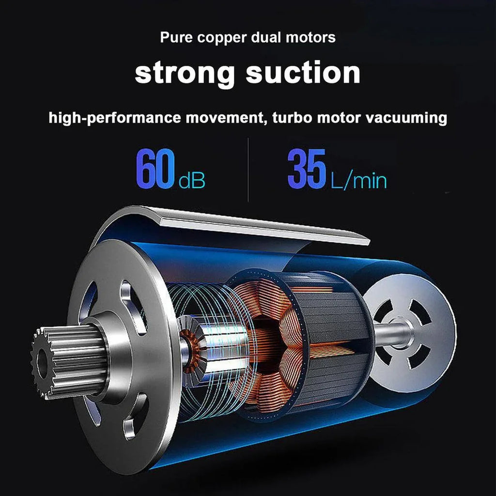 Vacuum motor with technical specifications on a black background