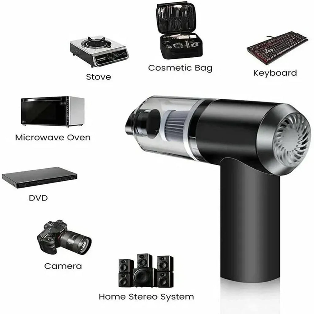 Black handheld vacuum cleaner with labeled items it can clean on a white background