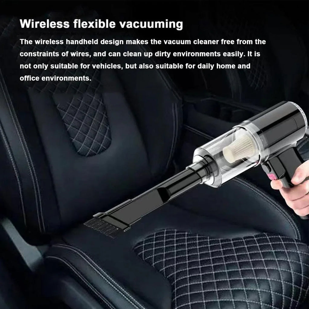 Wireless handheld vacuum cleaner cleaning a car seat with text about its flexibility and versatility.