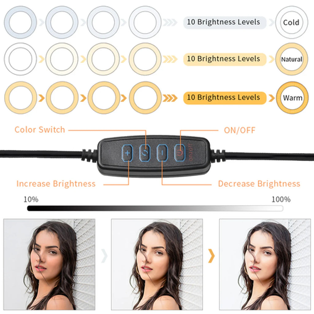 Control panel with brightness levels and color switch for hair care product, showing before and after effects on a woman's hair.