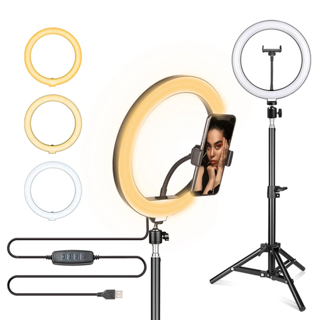 Ring light with stand and adjustable brightness settings on a white background