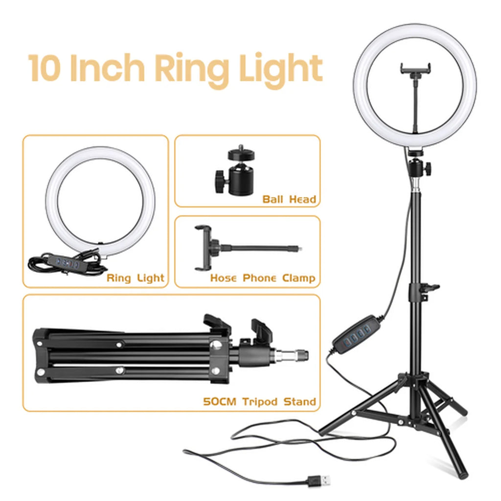 10-inch ring light kit with a black tripod stand, ball head, hose phone clamp, and USB cable, shown on a white background with product components labeled.