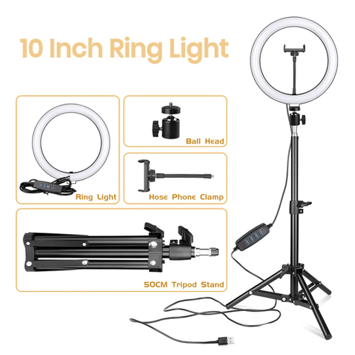 10-inch ring light kit with a black tripod stand, ball head, hose phone clamp, and USB cable, shown on a white background with product components labeled.