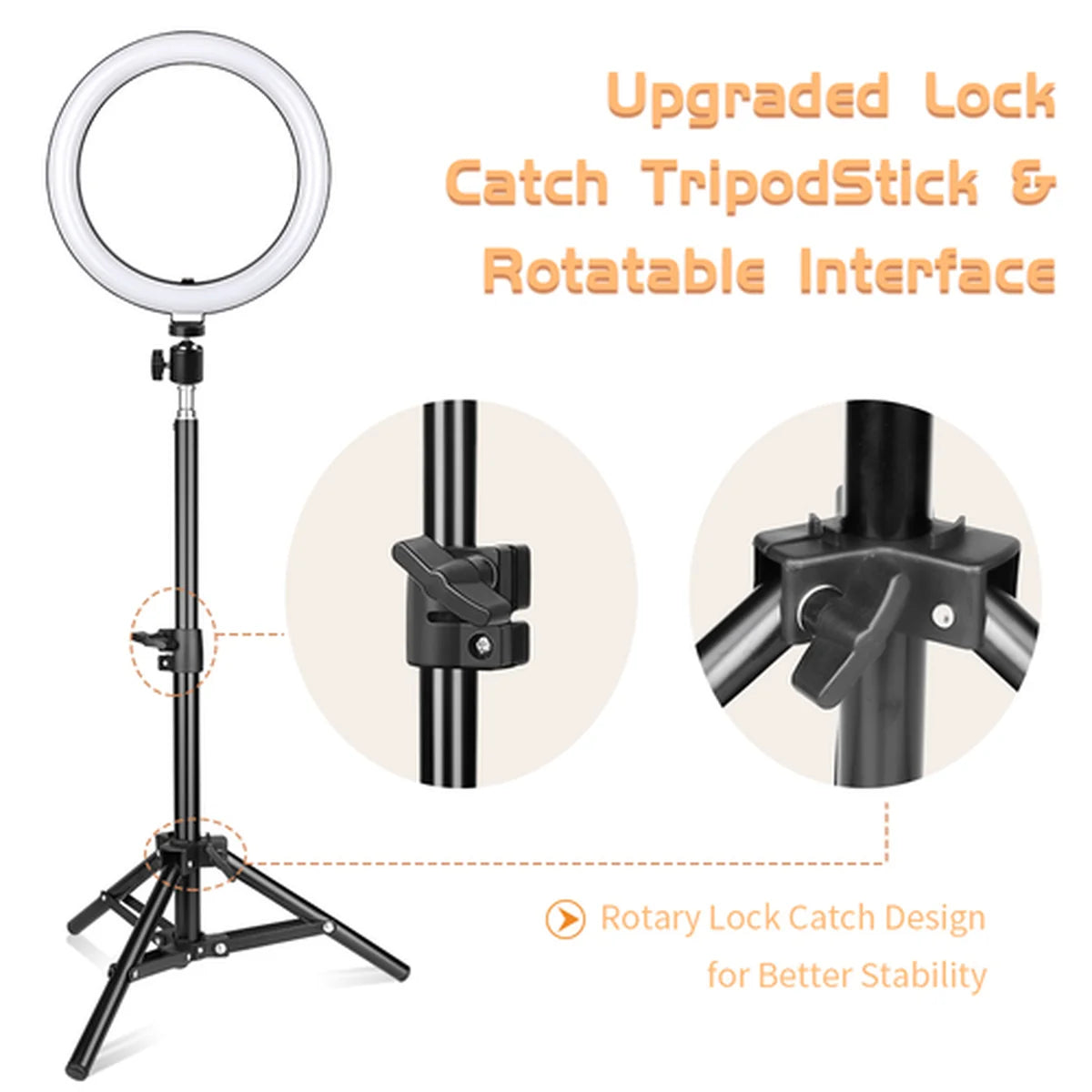 Ring light with stand and tripod stick featuring upgraded lock catch design on a white background.