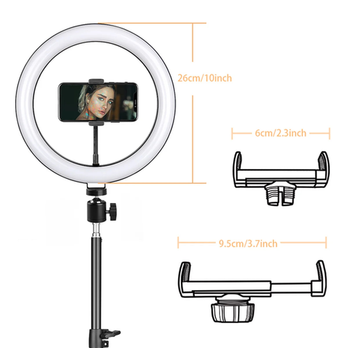 Ring light with smartphone holder and measurement details on a white background