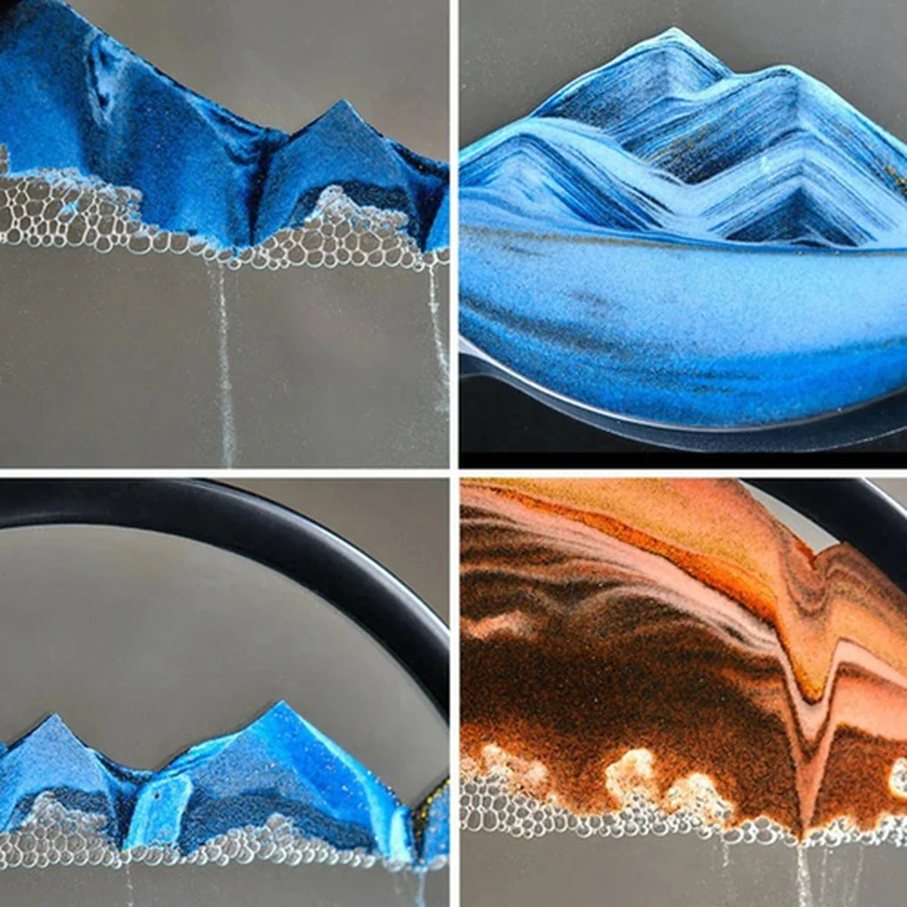 Four quadrant collage of blue and brown textured shapes on a gray background
