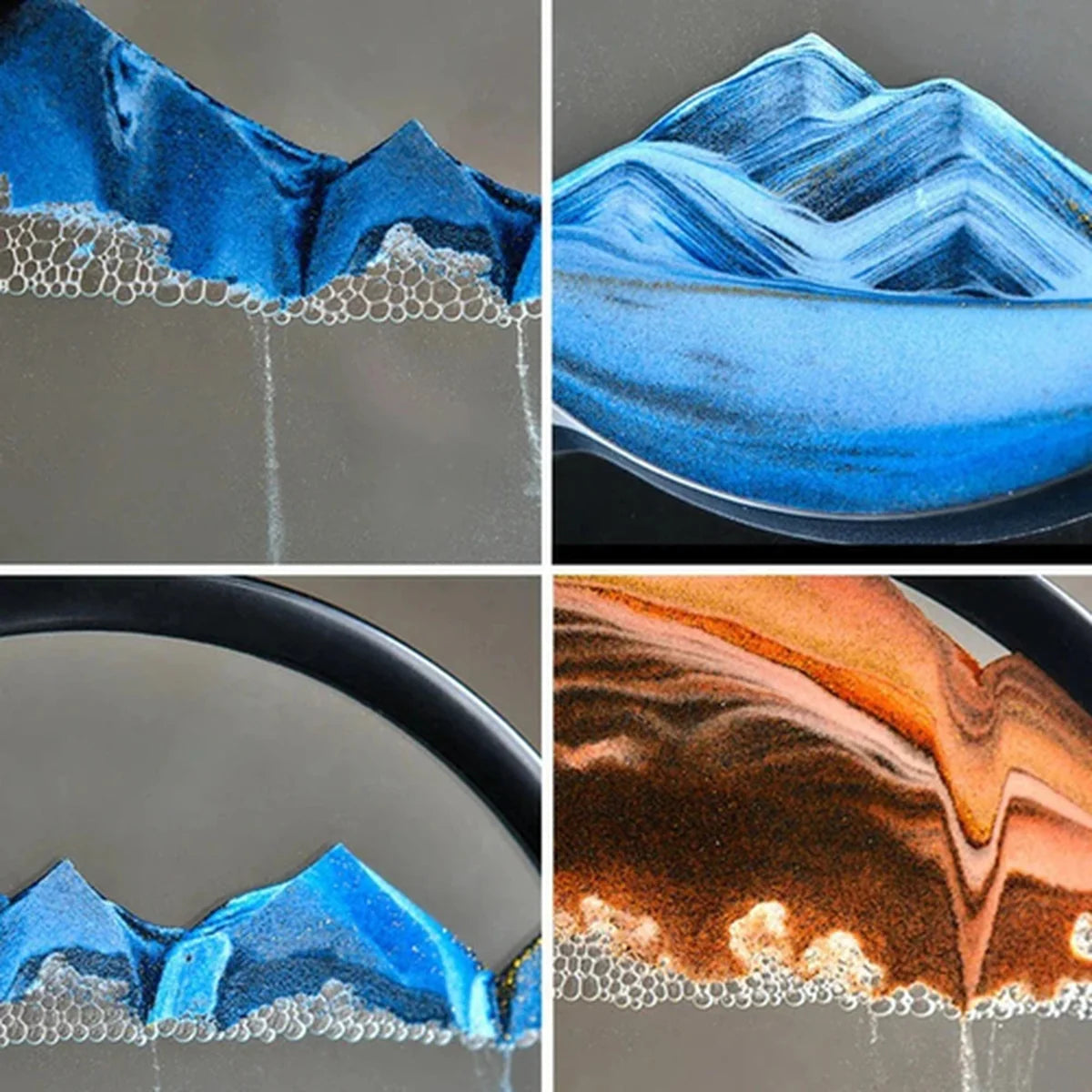 Four quadrant collage of blue and brown textured shapes on a gray background