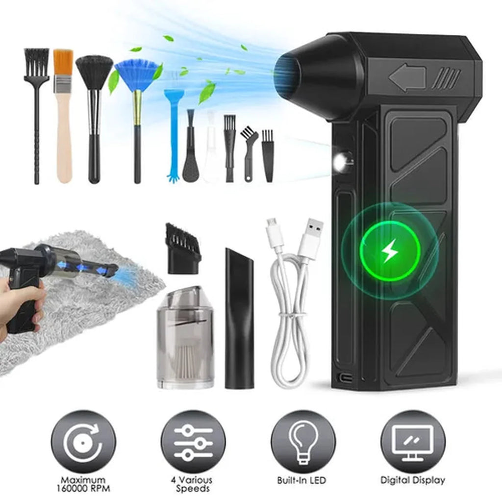 Black handheld carpet steam cleaner shown with accessories and feature icons on a white background. The main product is a handheld steam cleaner with a green charging indicator, shown alongside brush heads, a USB cable, a vacuum nozzle, a clear container, and a demonstration of spraying steam on a carpet.