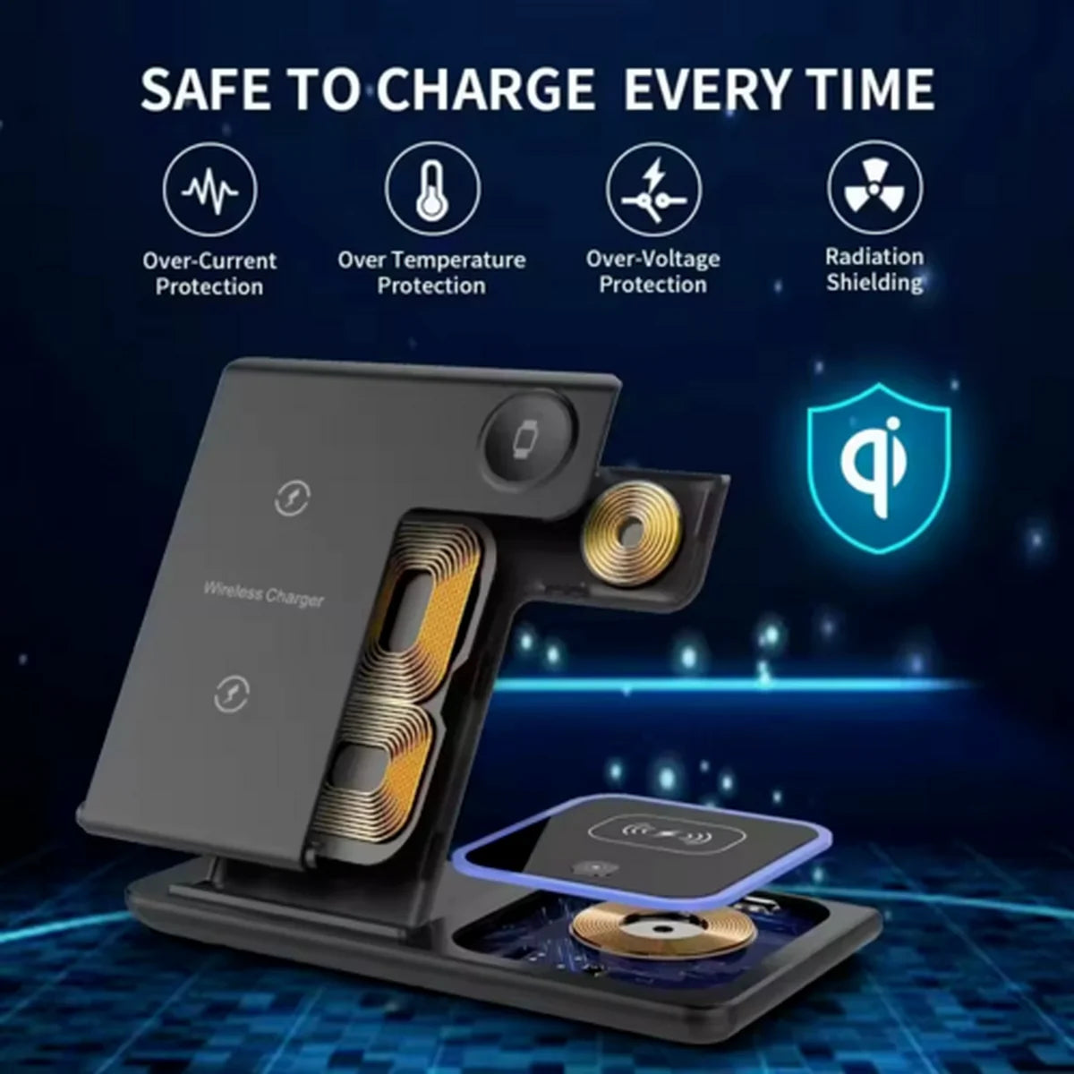 Wireless charger with safety features on a dark background