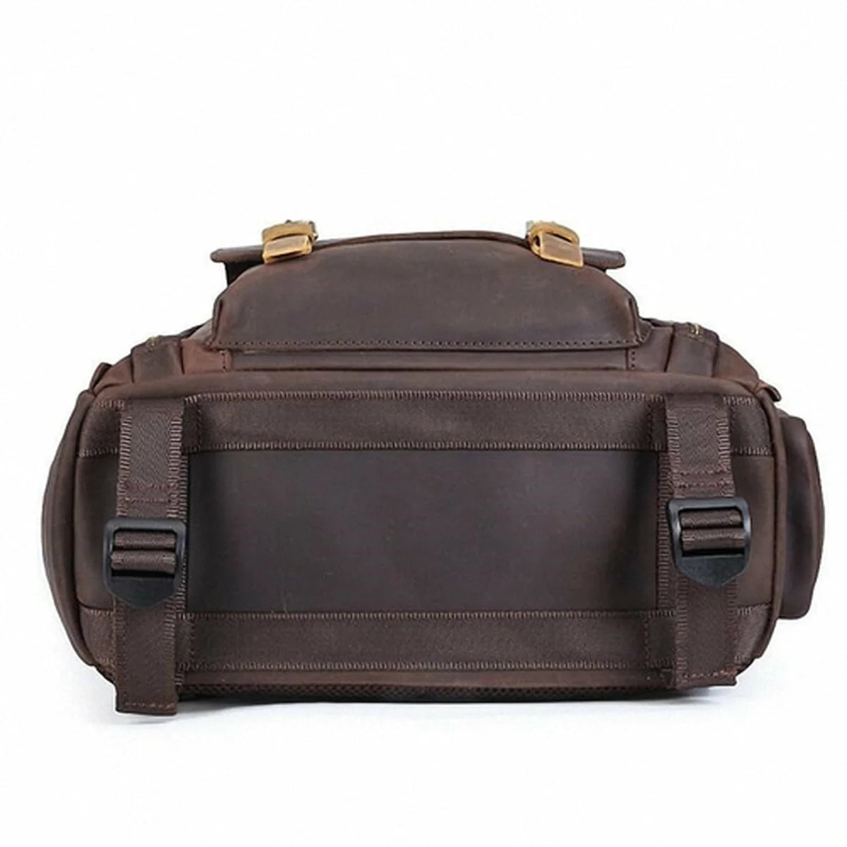 Brown leather bag with gold accents on a white background