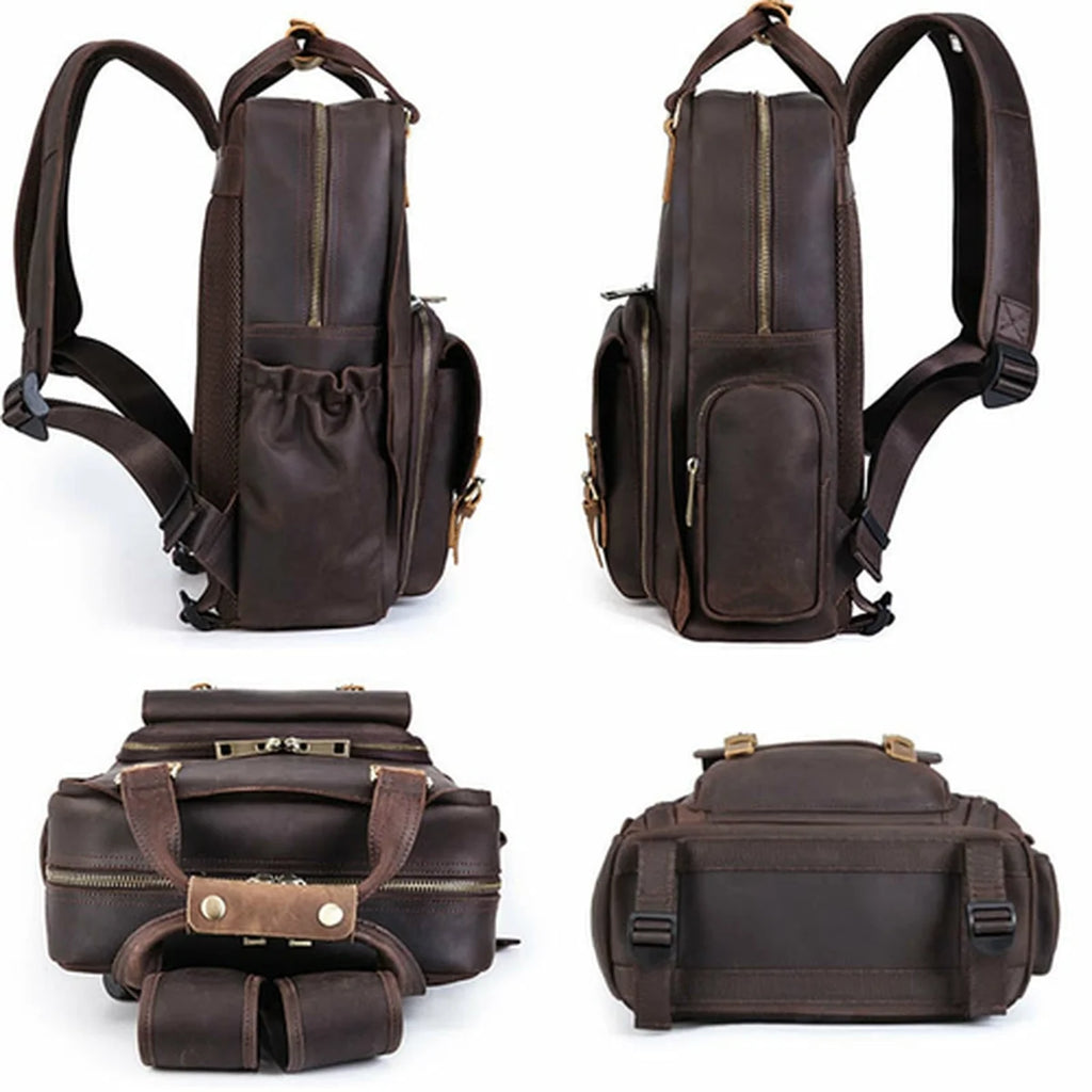 Brown leather backpack and bag set on a white background