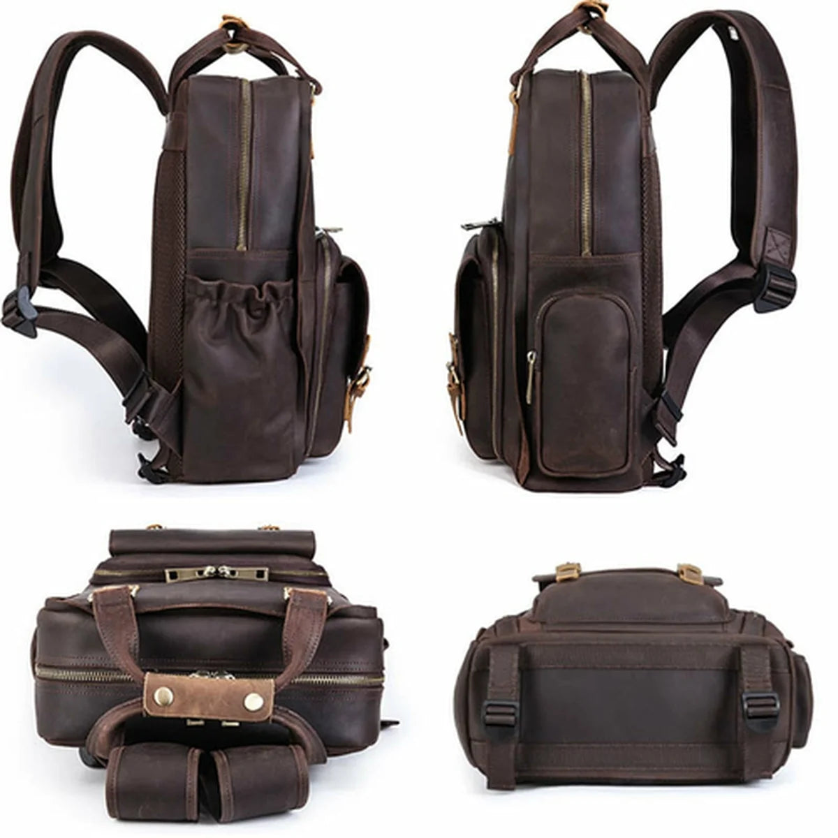 Brown leather backpack and bag set on a white background