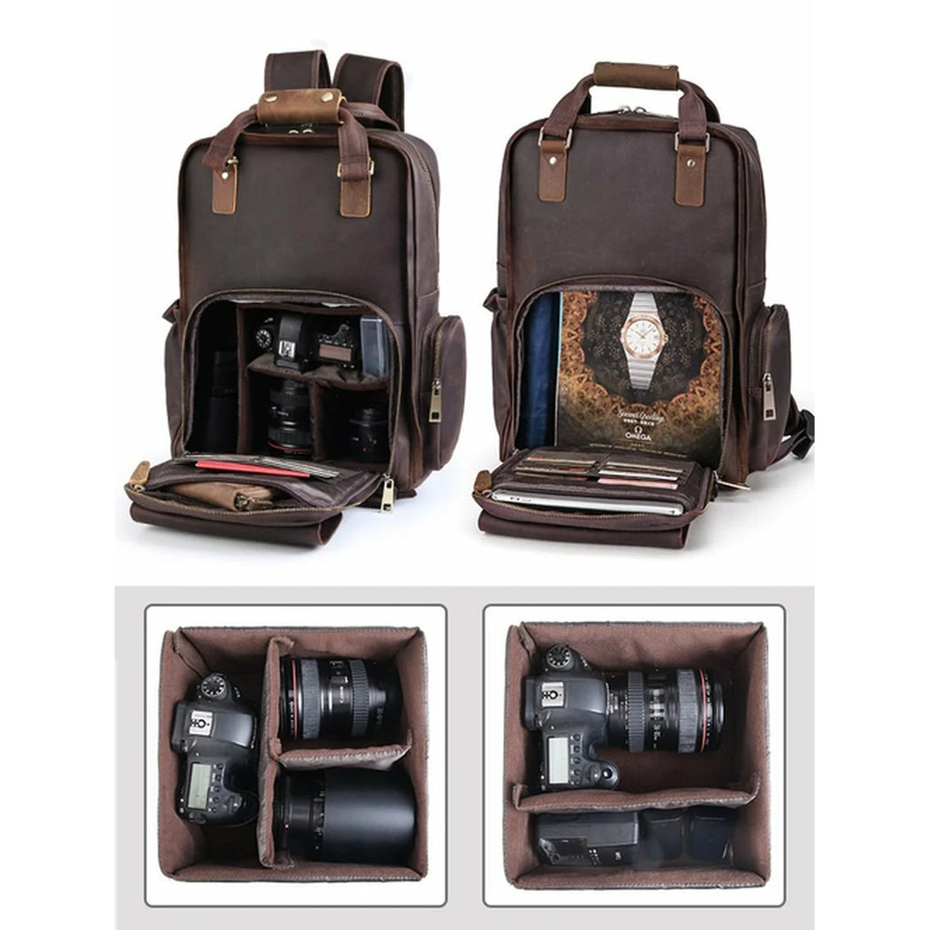 A brown canvas camera backpack shown open in two views on a white background, with two smaller inset views at the bottom showing the interior organizer compartments. The backpack has brown leather-like trim and handles, and the camera gear inside appears to be demonstration props rather than the product being sold.