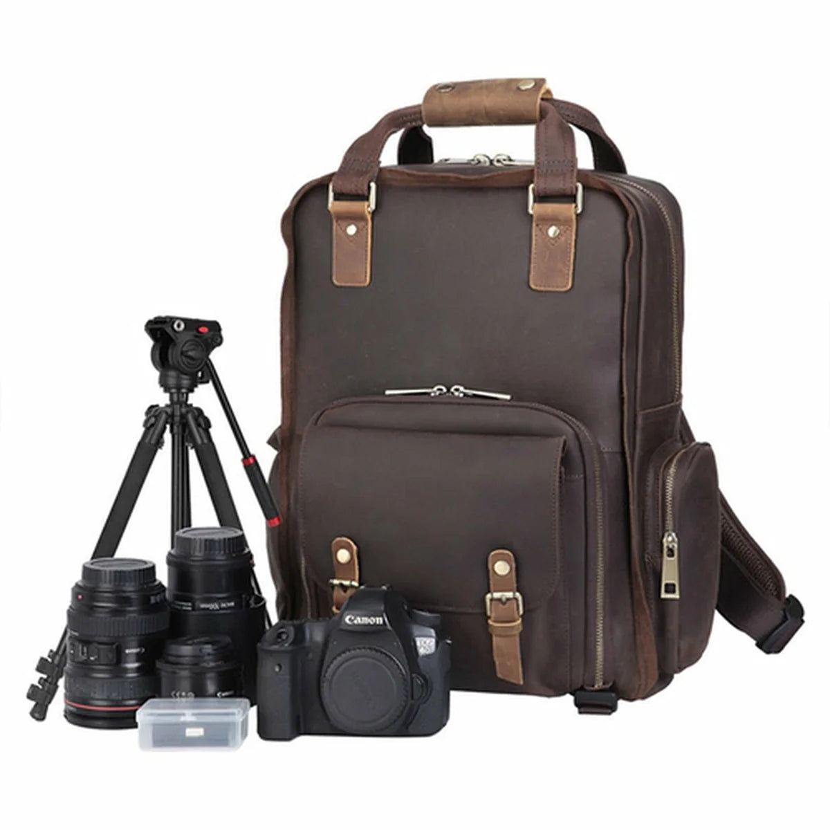 Brown backpack with camera equipment on a white background