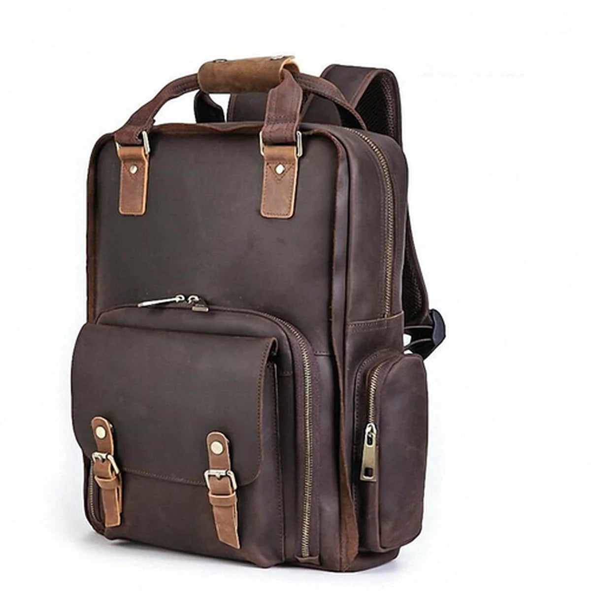 Brown leather backpack with multiple pockets and straps on a white background