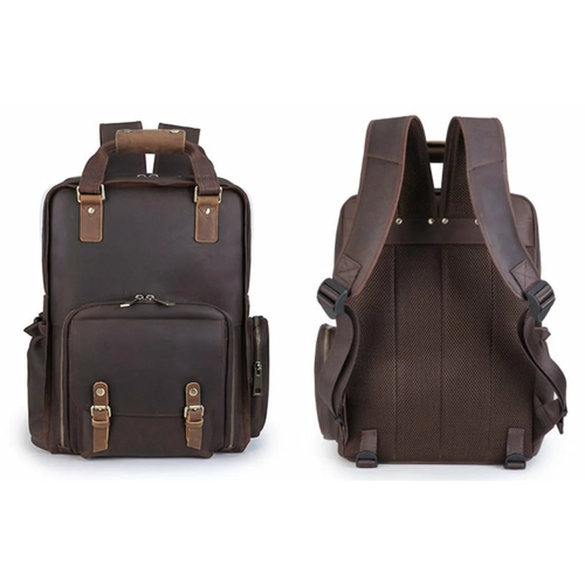 A dark brown leather backpack shown from both the front and back views against a plain white background.