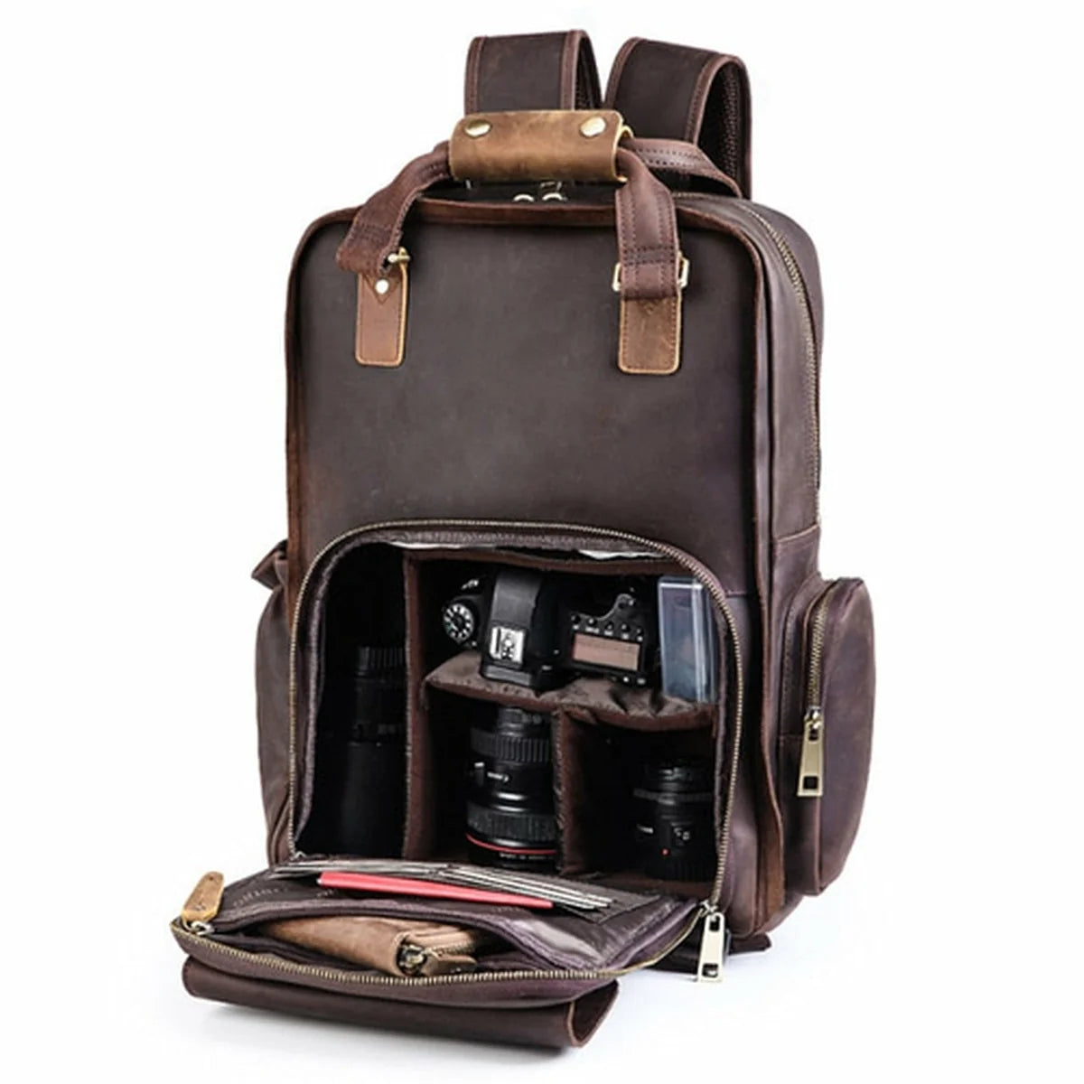 Brown leather backpack with camera equipment on a white background