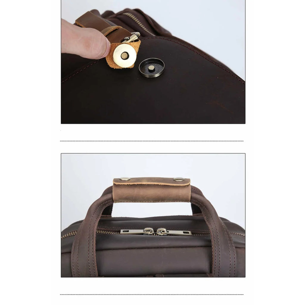 Two close-up views of a dark brown leather bag: the top shows a hand pressing a snap closure on the bag, and the bottom shows the top handle and zipper area.