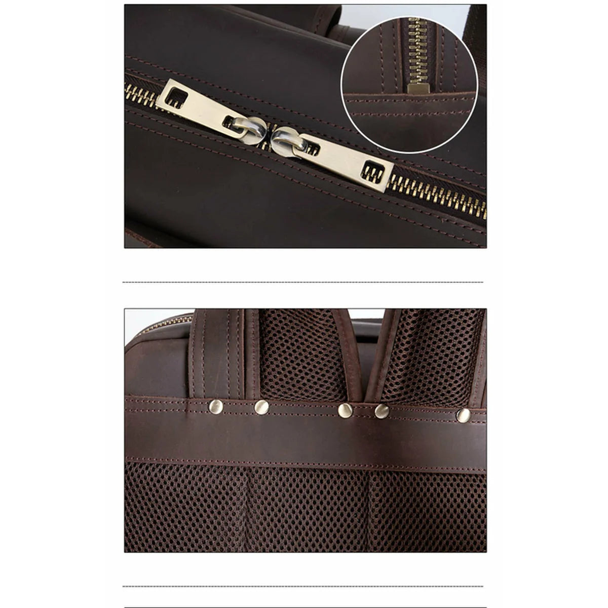 Close-up detail shots of a dark brown leather bag, showing a zipper with a circular inset and a section with metal rivets and mesh texture.