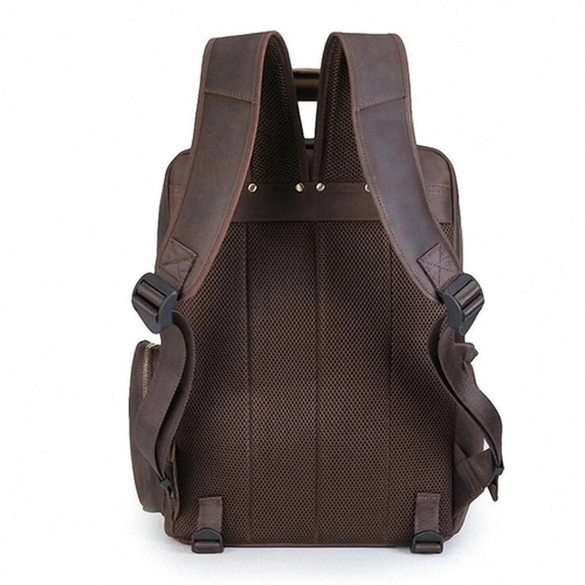 Brown backpack shown from the back on a white background