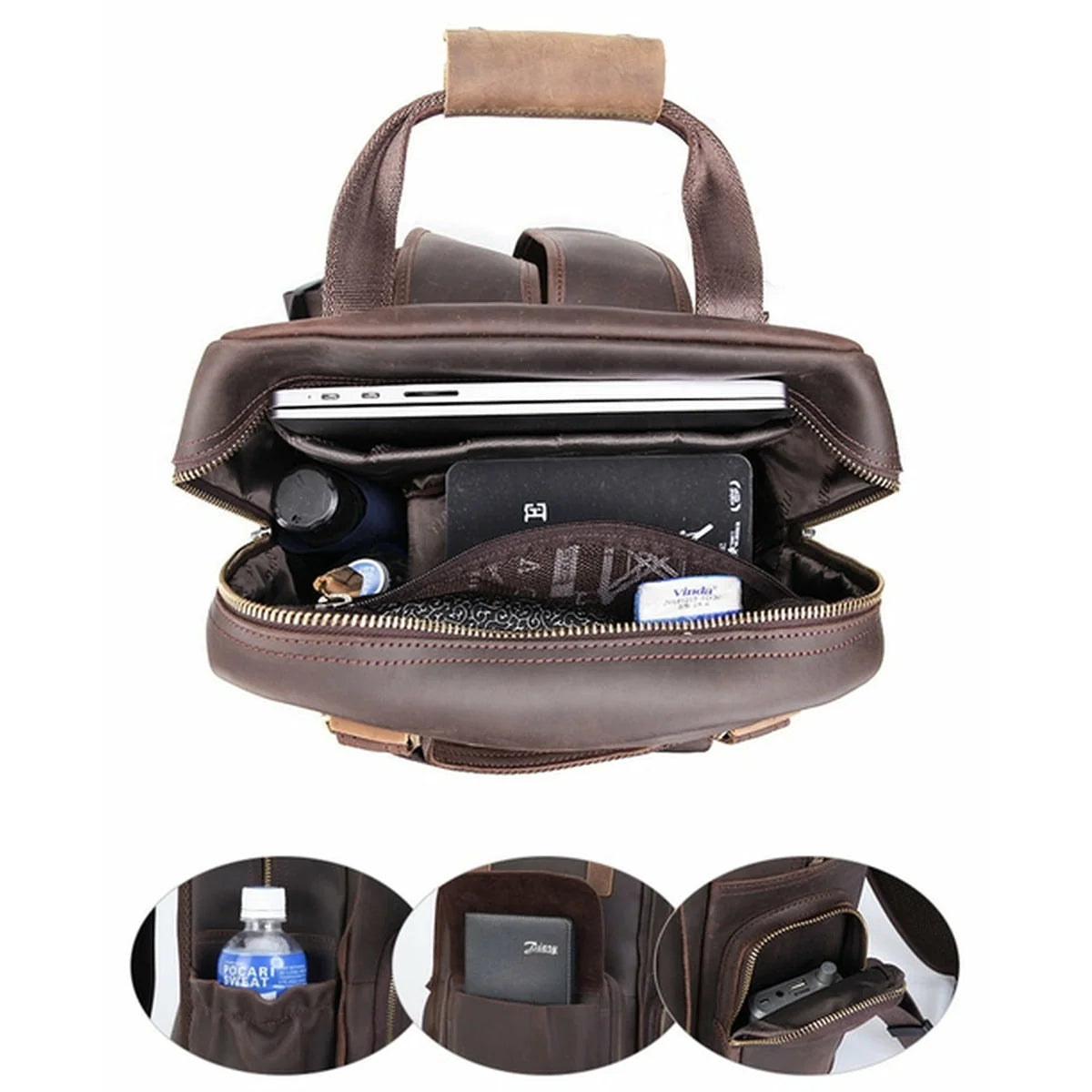 Brown leather briefcase with compartments and a laptop inside, on a white background.