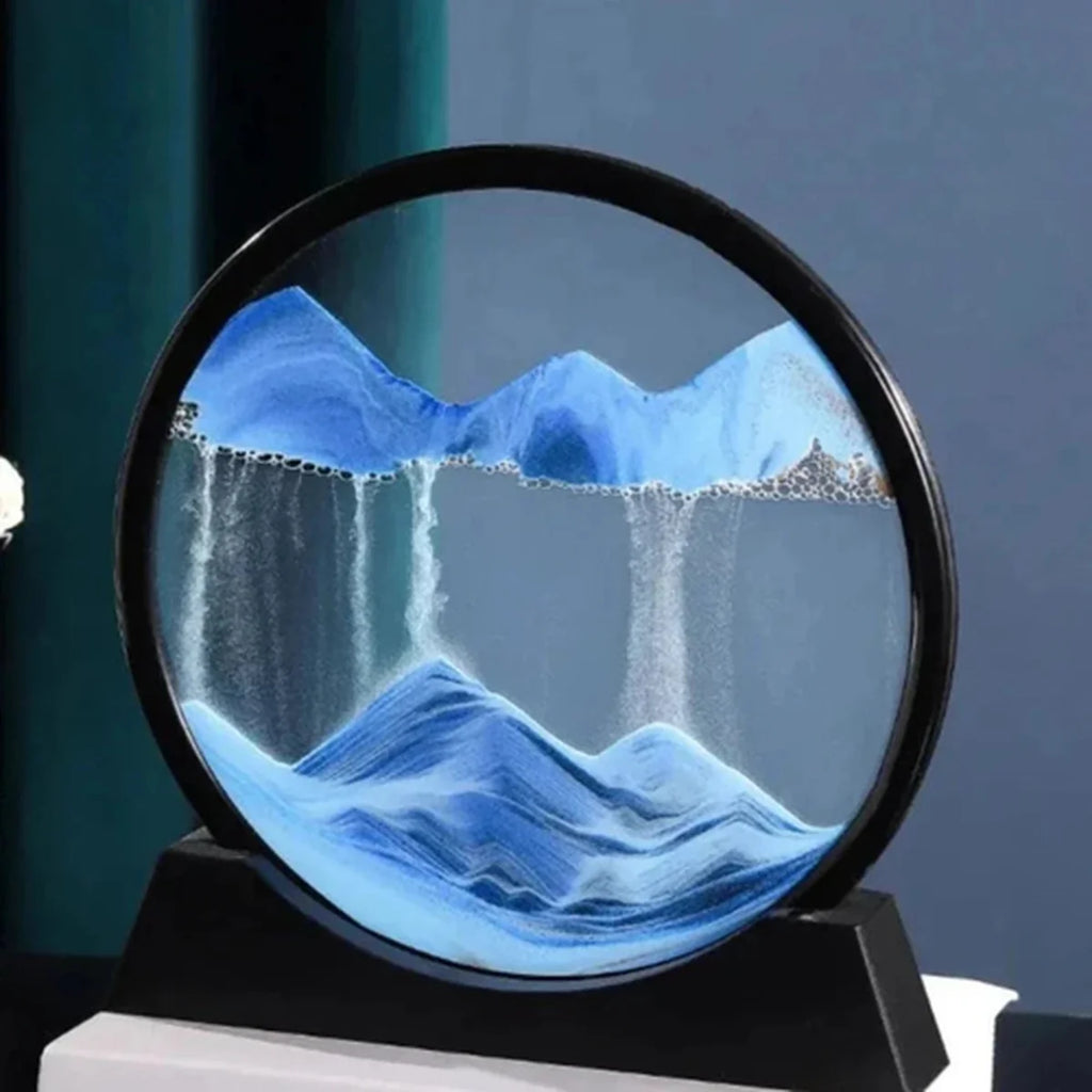 3D landscape model of a waterfall inside a circular frame on a dark background