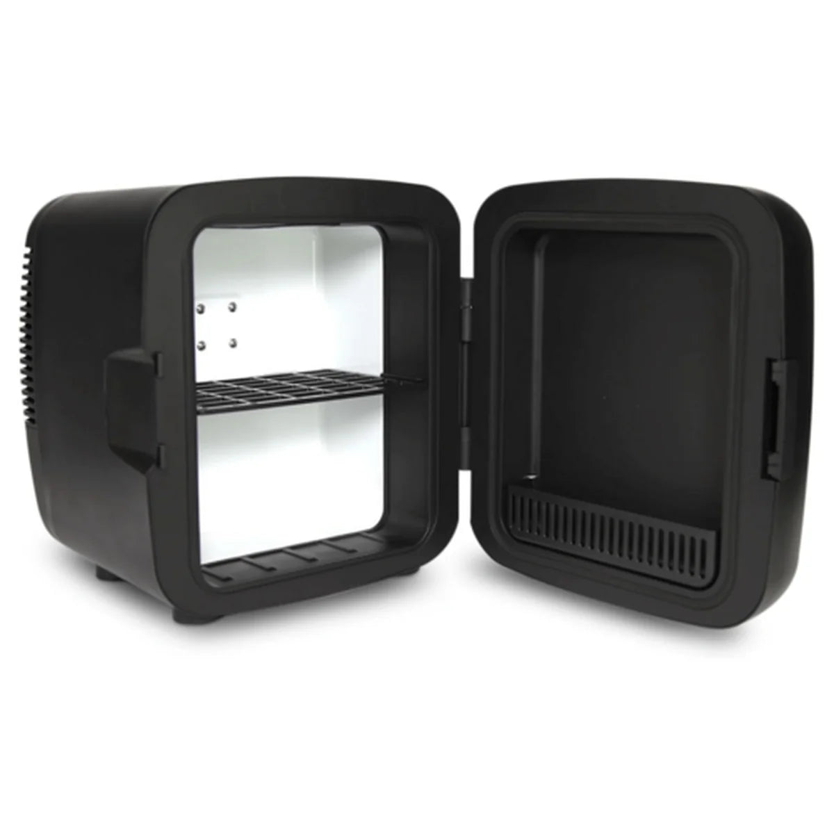 Black portable cooler with open door on a white background