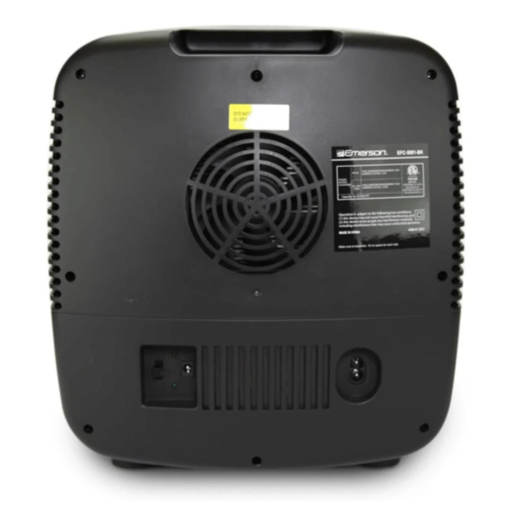 Back view of a black electronic device with a fan and labels on a white background