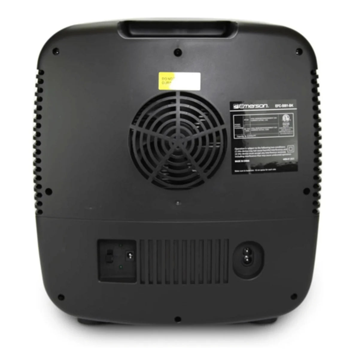 Back view of a black electronic device with a fan and labels on a white background
