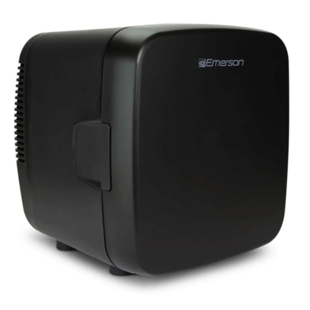 Black Emerson mini fridge on a white background