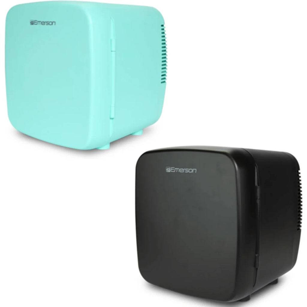 Two Emerson mini fridges, one turquoise and one black, on a white background.