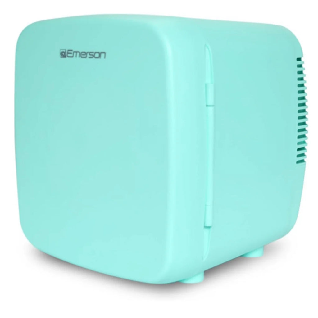 Mint green mini refrigerator with Emerson branding on a white background