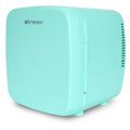 Mint green mini refrigerator with Emerson branding on a white background