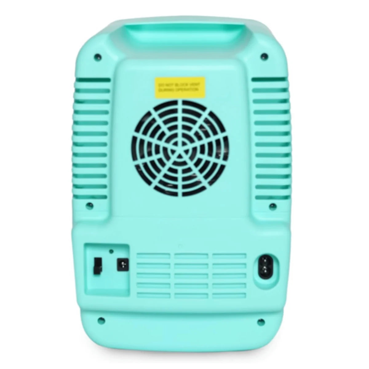 Turquoise portable air conditioner with a black fan grille on a white background