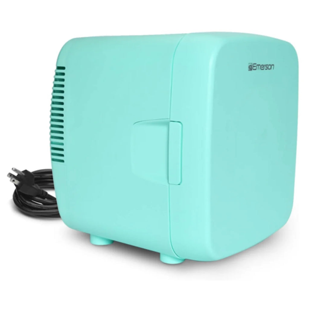 Turquoise mini refrigerator with Emerson logo on a white background