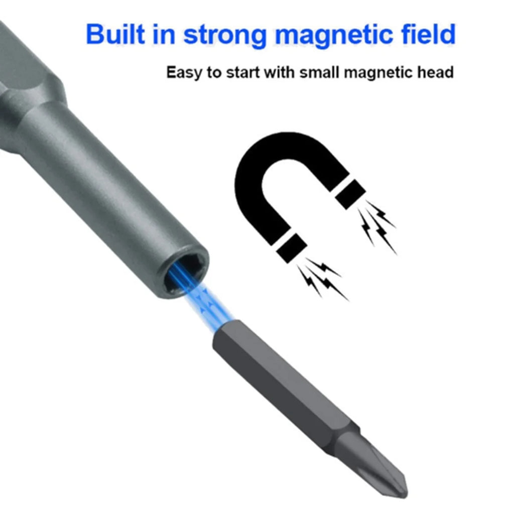 Tool with a magnetic head and text about a strong magnetic field