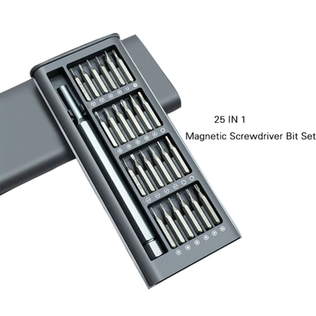A 25-in-1 magnetic screwdriver bit set in a dark gray plastic case, shown on a white background with text reading '25 IN 1 Magnetic Screwdriver Bit Set'.