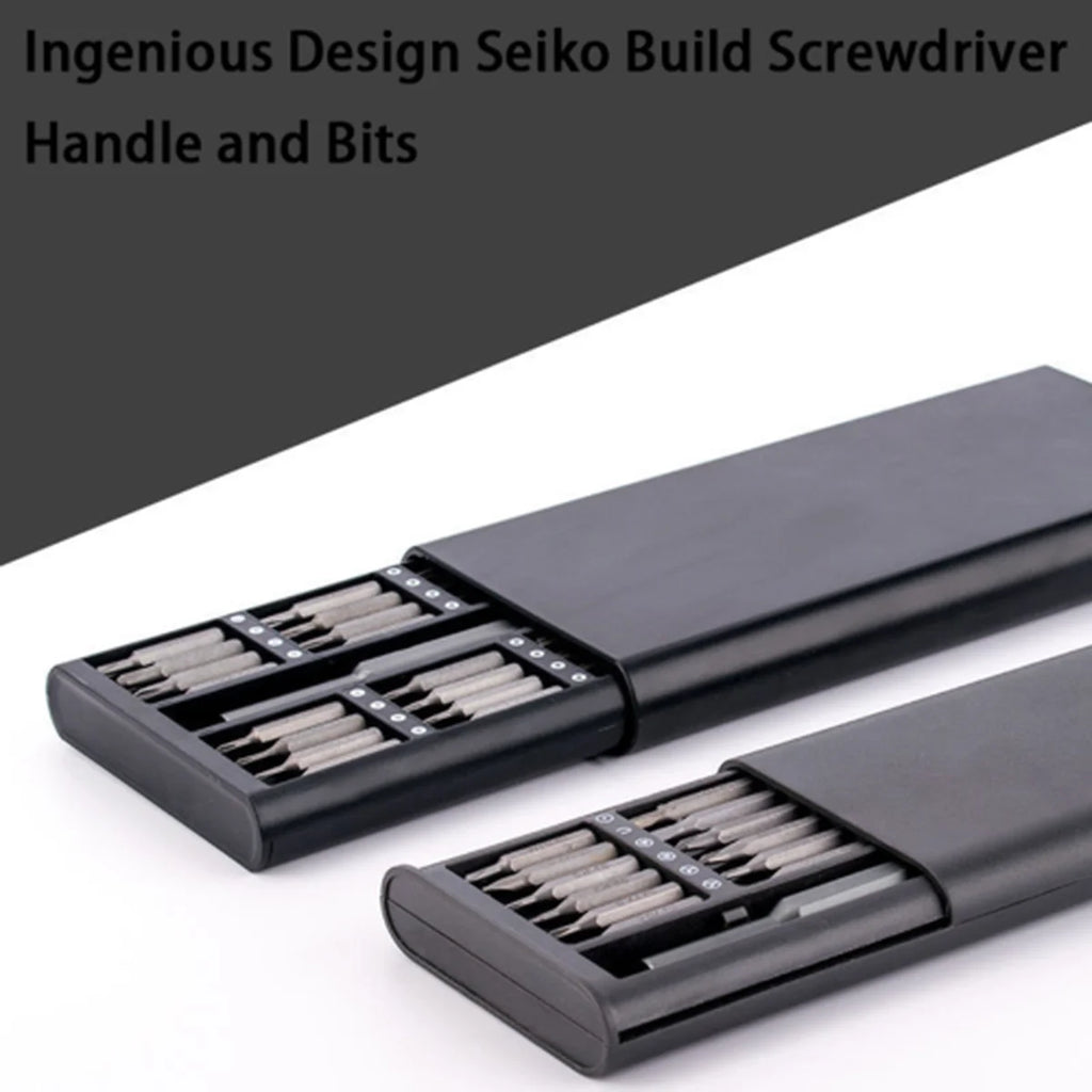 Two black screwdriver bit sets shown on a white background with a dark gray text banner at the top reading 'Ingenious Design Seiko Build Screwdriver Handle and Bits'.