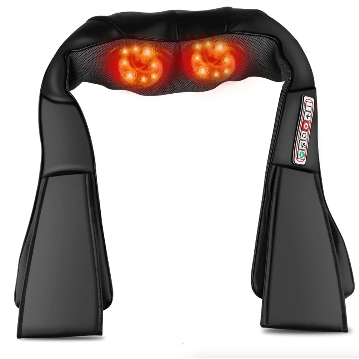 Black neck and shoulder massage pillow with two glowing red LED light zones and a control panel on the right side, shown against a plain white background.