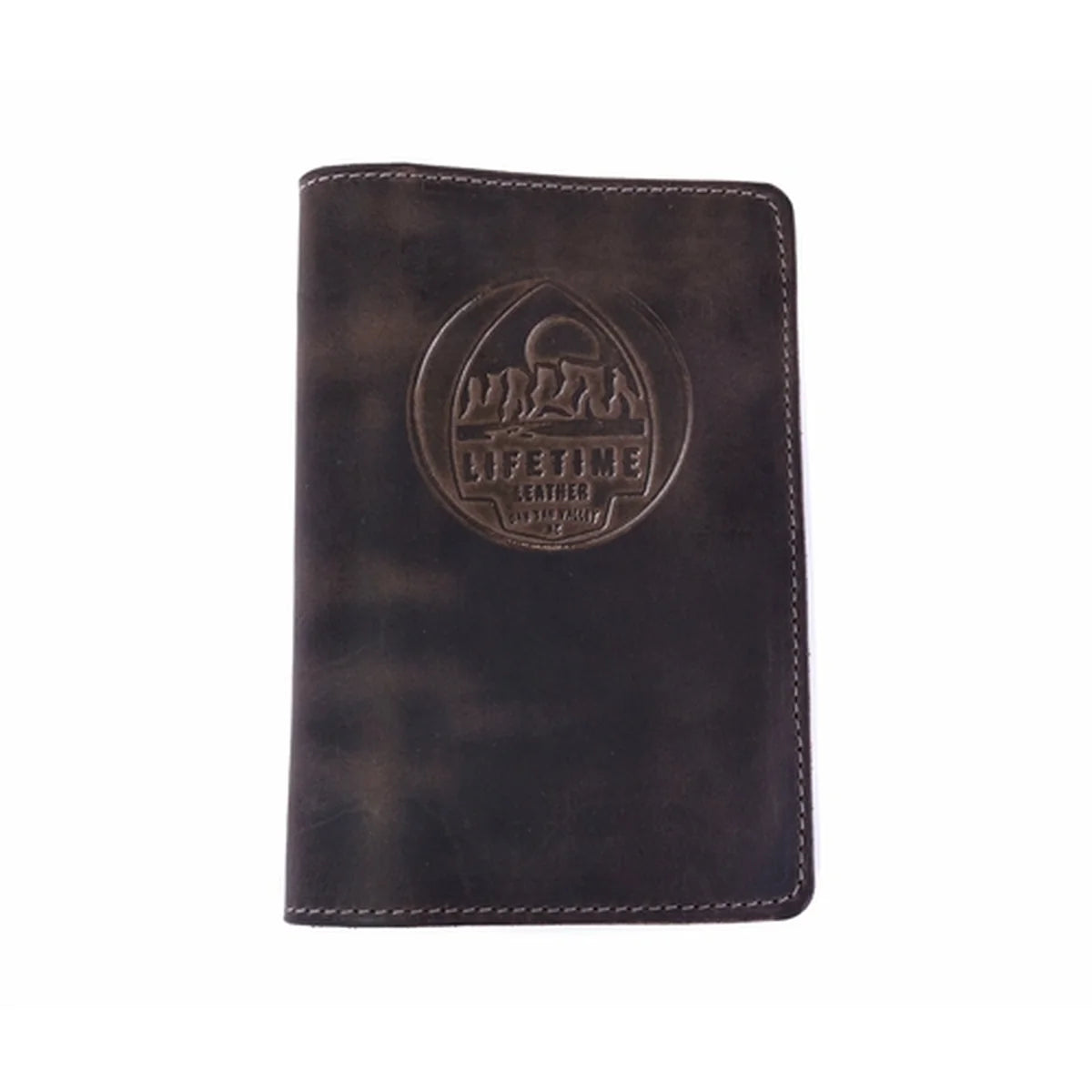 A dark brown leather passport cover featuring an embossed circular Lifetime Series logo on the front, set against a plain white background.