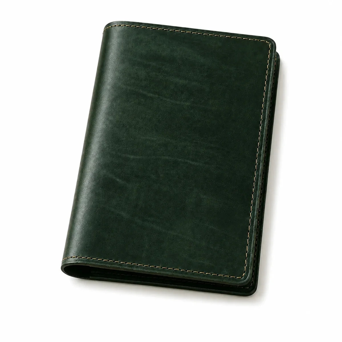 A dark green leather passport cover or document holder with light tan contrast stitching, shown closed on a plain white background.