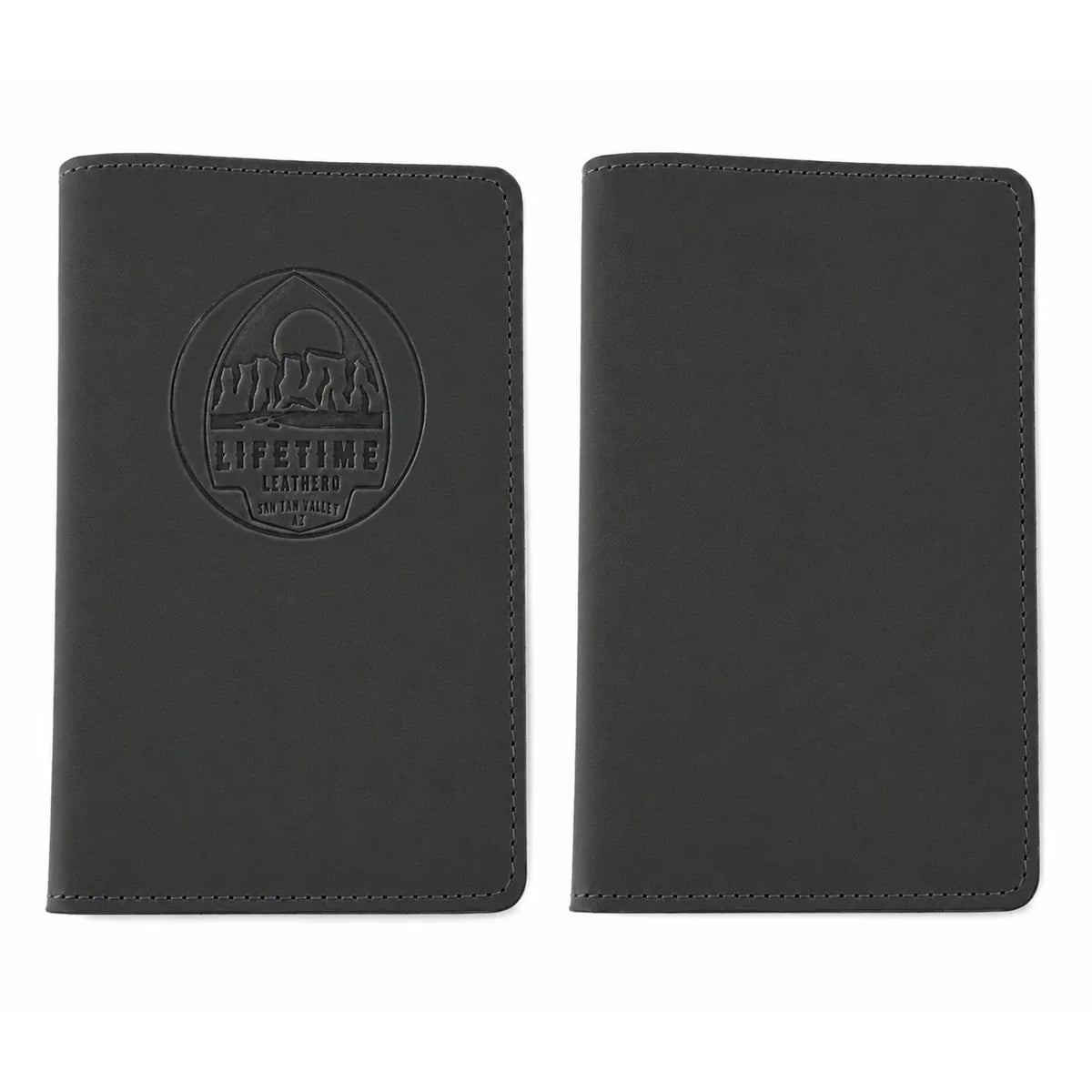 Two black leather passport cover sleeves shown side by side on a white background. The left sleeve features an embossed circular logo with the words 'LIFETIME LEATHER'.