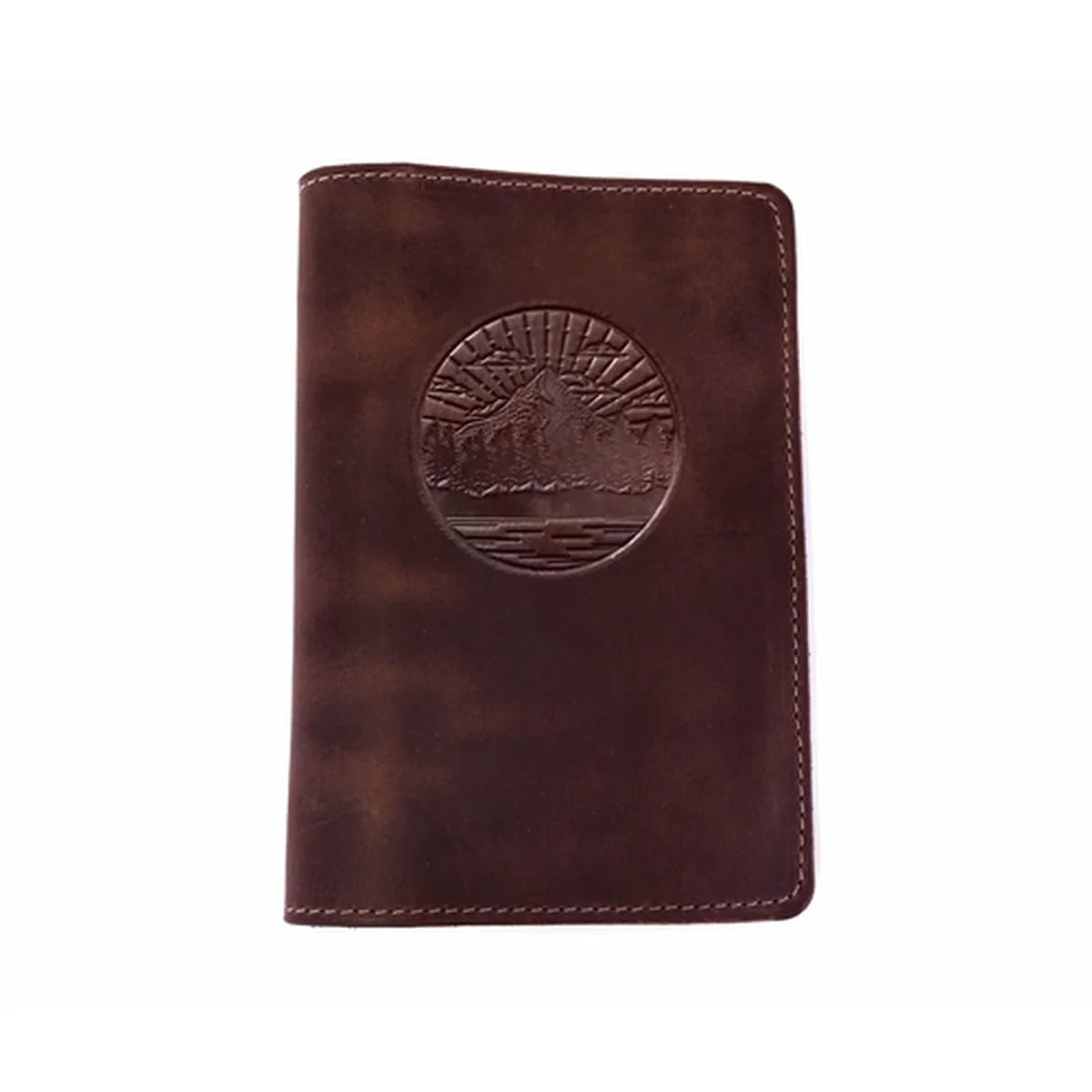 A dark brown leather passport cover featuring an embossed circular mountain and sun design on the front, set against a plain white background.