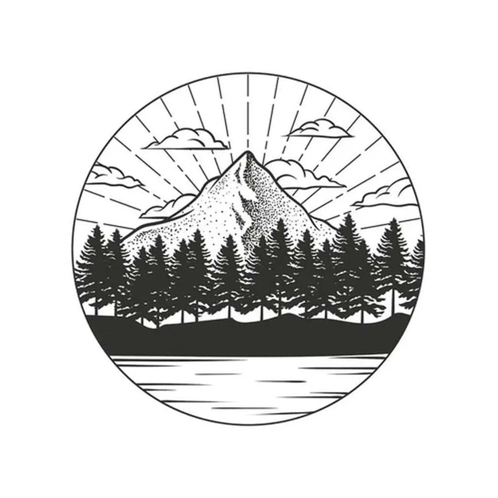 Circular design of a mountain and trees with a sunburst background