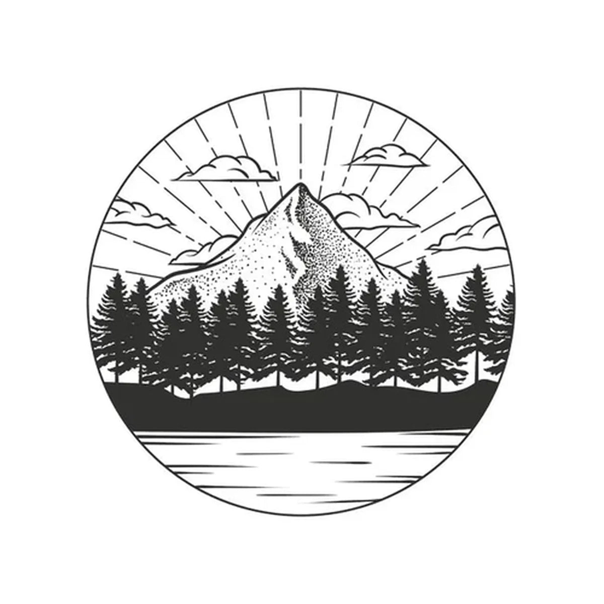 Circular design of a mountain and trees with a sunburst background