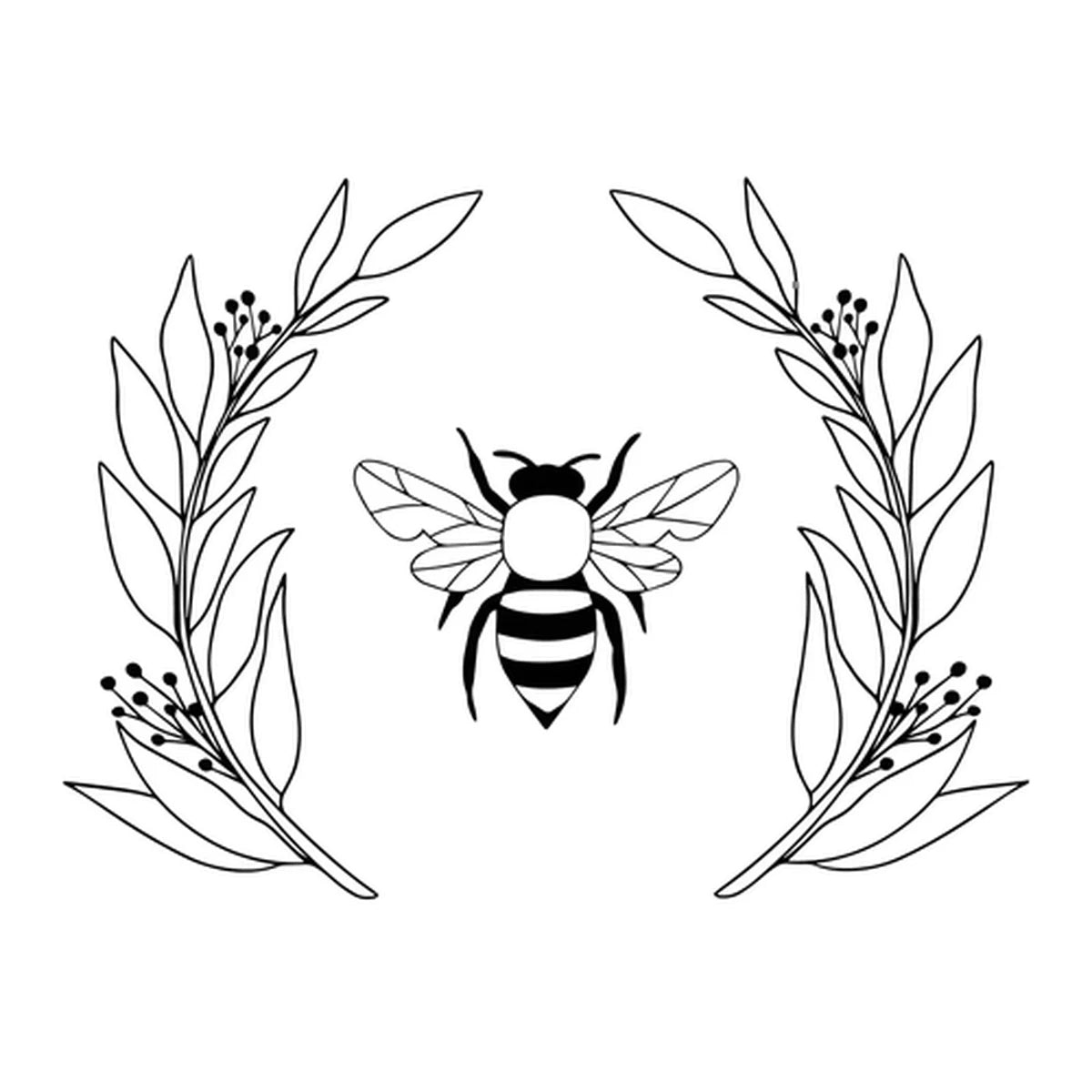 Black and white line art illustration featuring a central bee flanked by symmetrical leafy branches on both sides, presented on a plain white background.