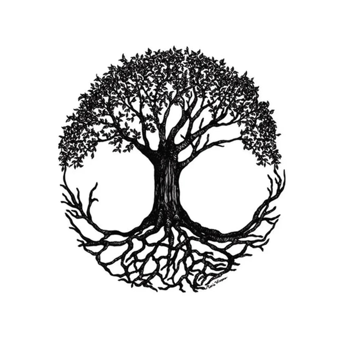 Black and white illustration of a tree with roots and branches forming a circle.