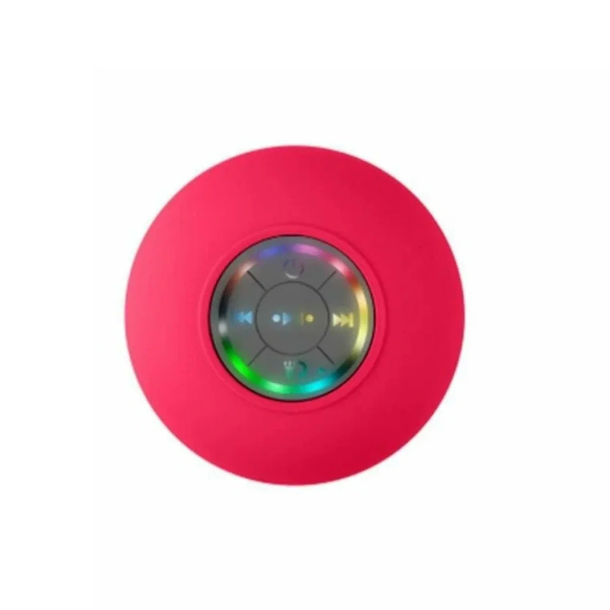 A round, bright pink portable Bluetooth speaker with a glossy center control panel showing play, pause, and skip icons, isolated on a white background.