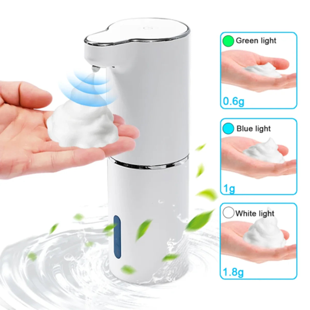 White soap dispenser with green light indicator and foam measurement on a white background