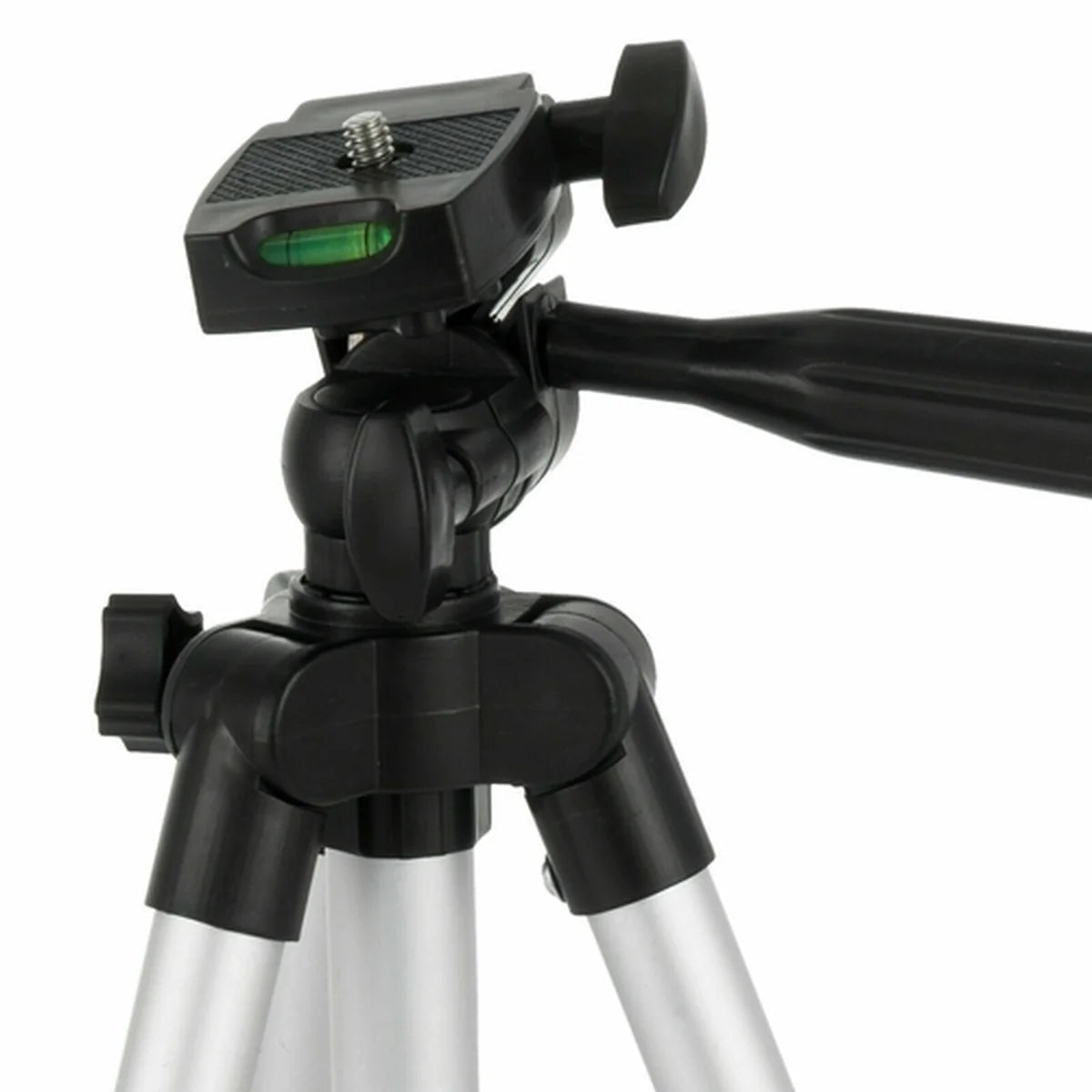 Close up view of the attachment head of a travel tripod for camera or smartphone.